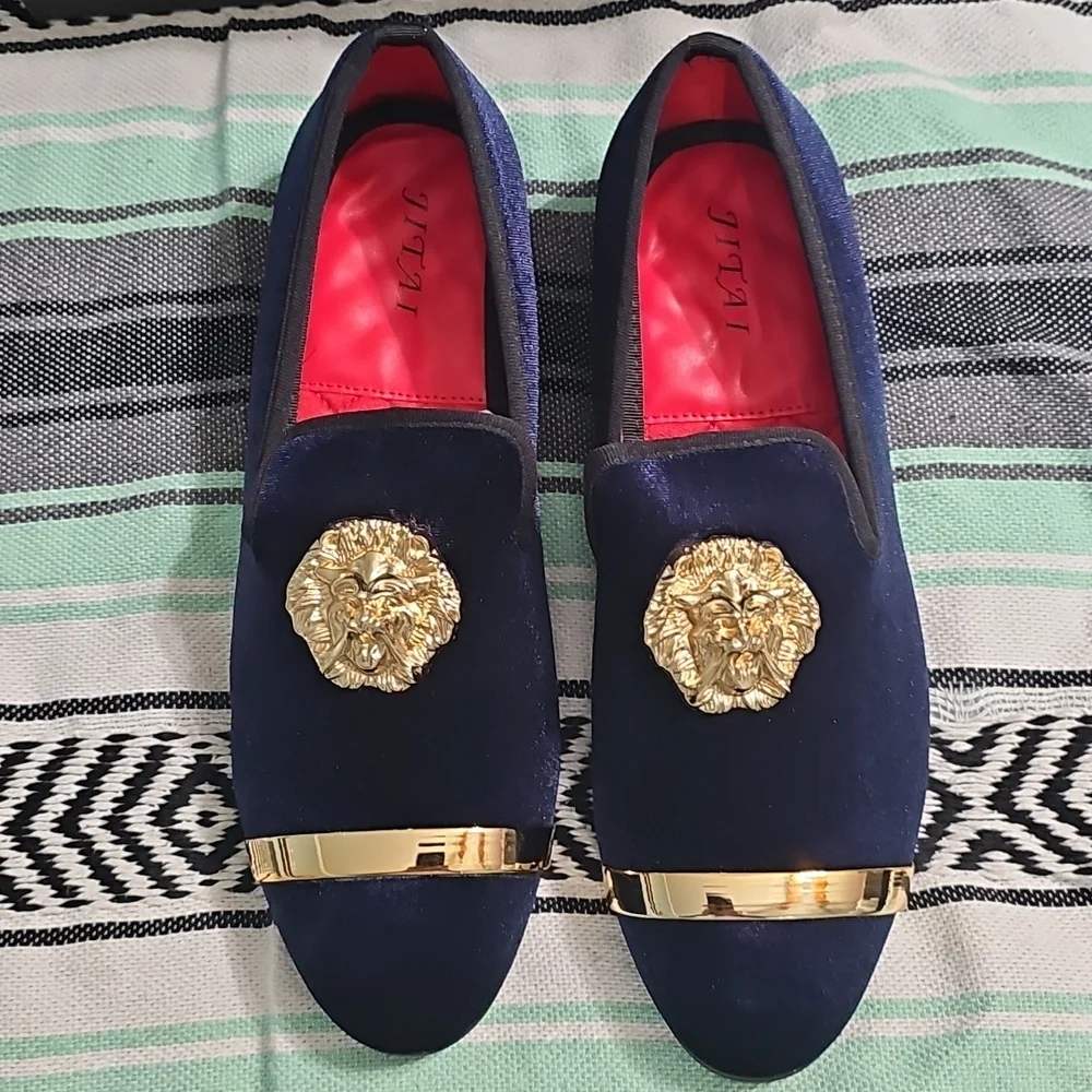 Jitai Ornate Dark Blue & Black Velvet Gold Lion Head Loafers Size 9.5 NEW In Box